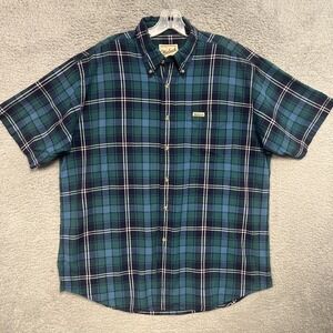 VTG Woolrich Shirt Men's Sz L Blue Plaid Button Down Short Sleeve Flannel Pocket